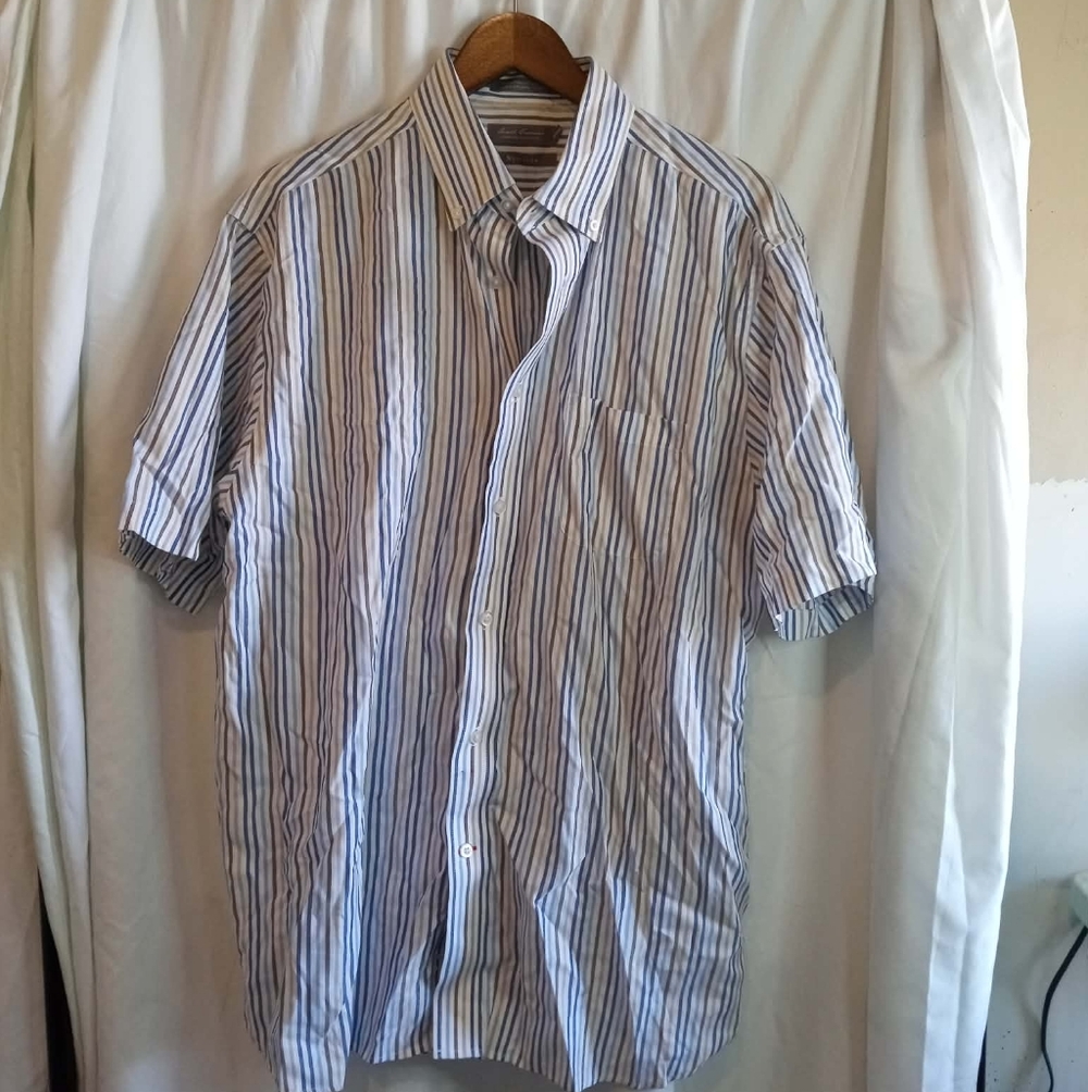 Daniel Cremieux Large Men's Short Sleeve Striped Button Down Shirt Blue White